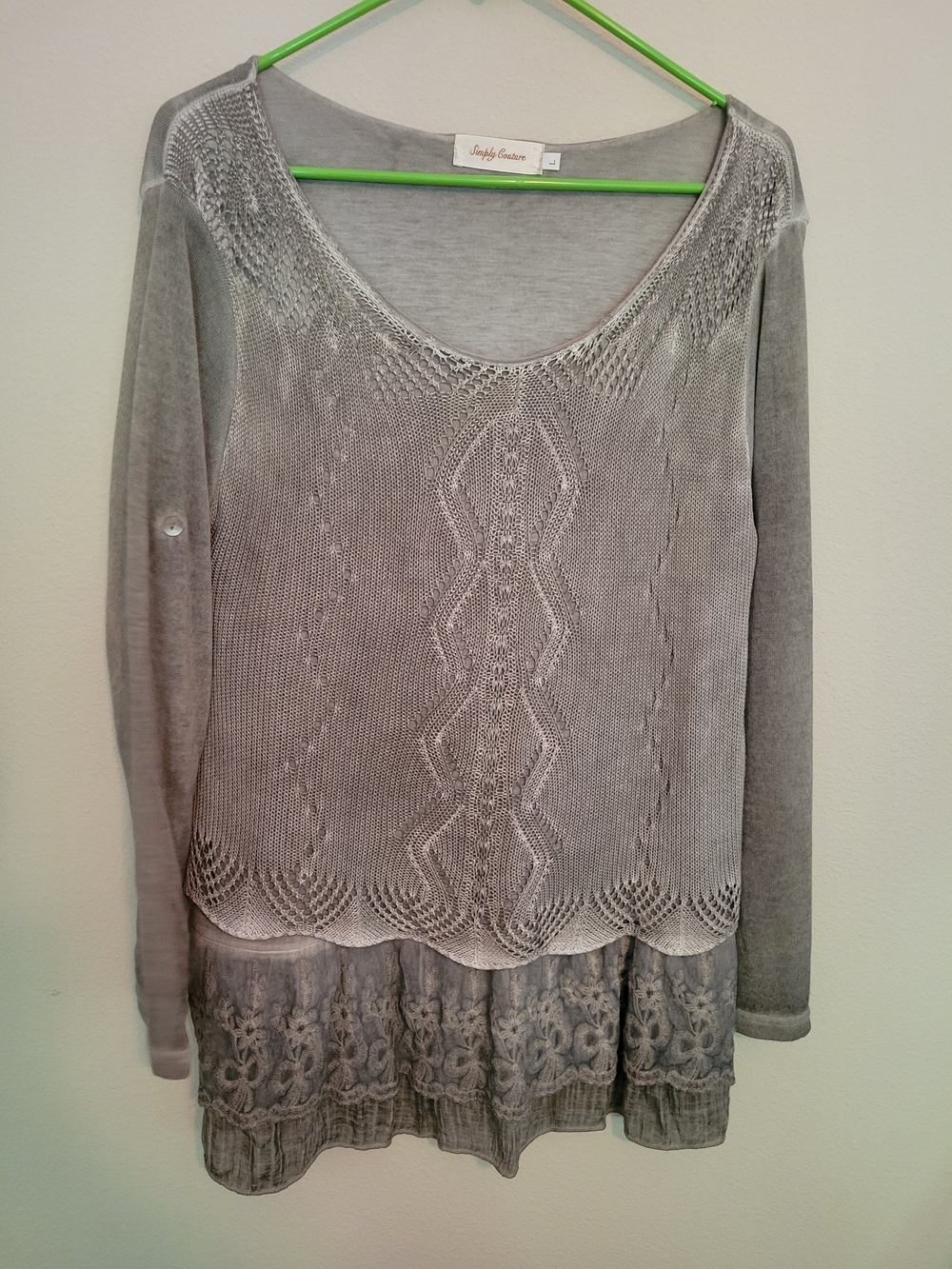 Simply Couture Gray Layered Lace-Hem Long Sleeve Top